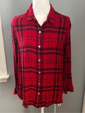 J. Jill Women's Medium Petite Red Plaid Button Front Top 100% Rayon Shirt 279912